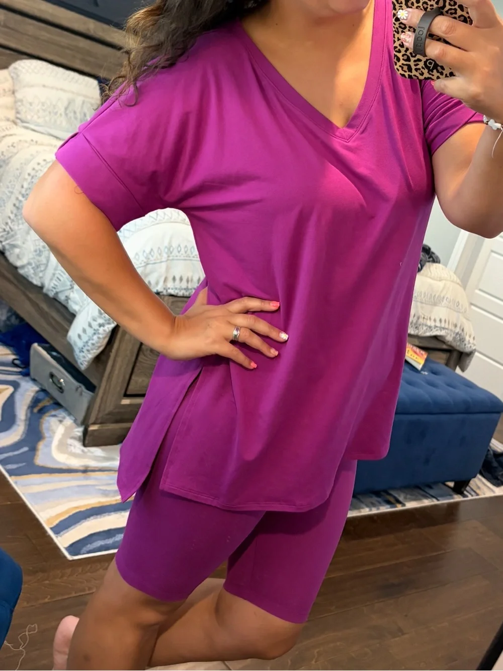 Zenana Outfitters V-Neck Lounge Top & Bike Short Set - Fuchsia